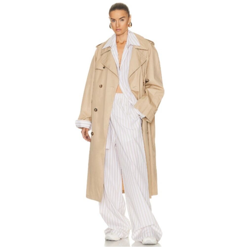 Helsa Cotton Poplin Striped Oversized Button Front Shirt Top Beige Stripe OS - Picture 7 of 13